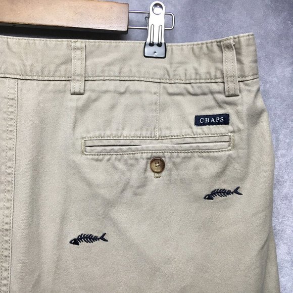 Chaps Mens Shorts 38 Khaki Tan All Over Fish Skeleton Embroidery Flat Front - Picture 2 of 8
